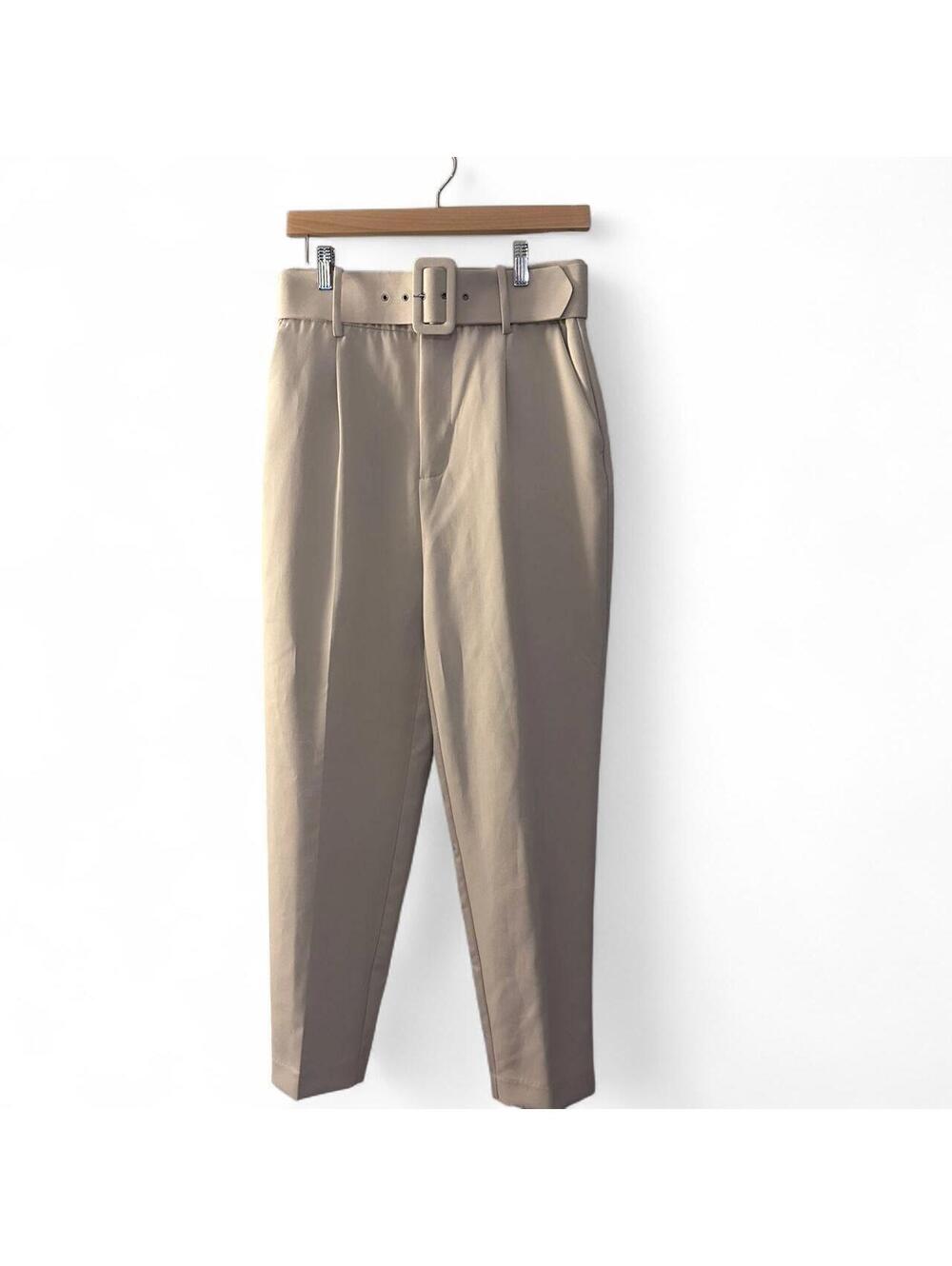 Zara Ecru High Waisted Belted Trousers Pants Size M